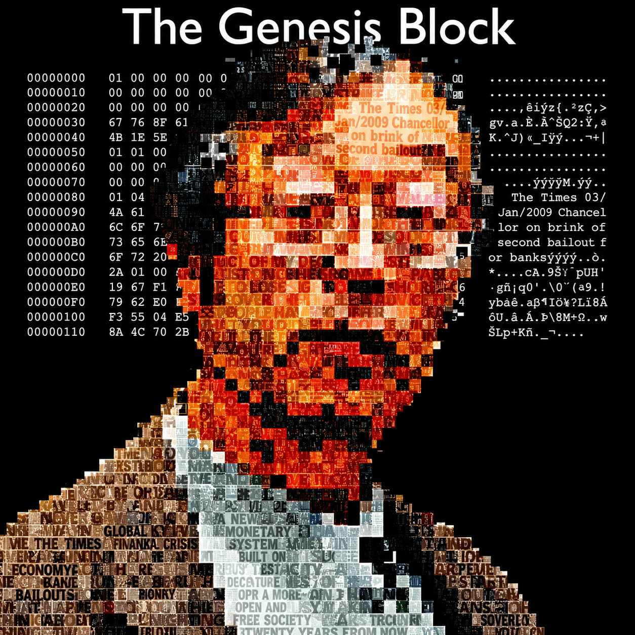 Satoshi, rendered as a mosaic of the genesis block